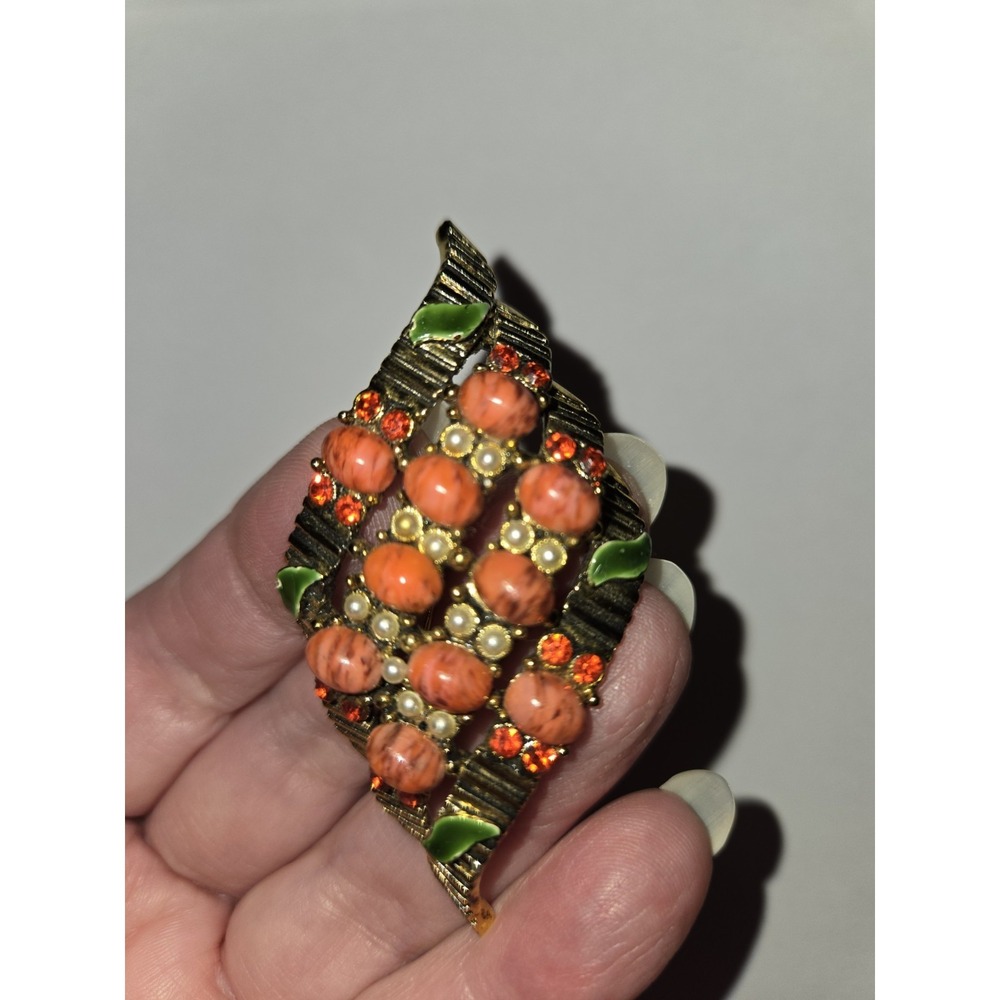 Vintage 1960s Leaf Brooch Pin Faux Orange Cabochons Orange Rhinestone/Enamel